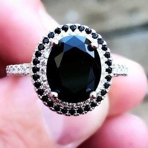 Black Sapphire & Diamond Ring Sz 9 - 925 Silver Cocktail Ring NIB